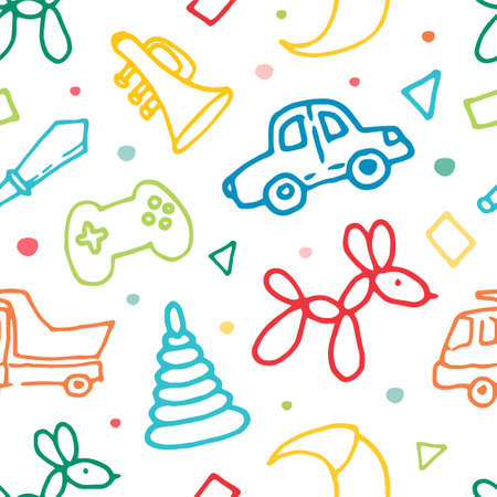 seamless pattern of childrens toys multicolored contour. a pattern of doodles drawn in the style of a prefix, a train, a musical trumpet, a truck often on white for a design templateのイラスト素材