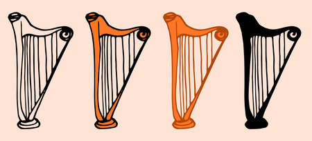 a set of orange-colored hand-drawn harp in doodle style, black outline and silhouette, isolated musical silhouette for a design templateのイラスト素材