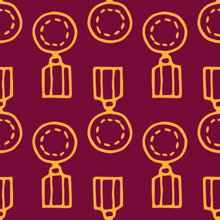 Vector the pattern of the round gold medal. vector seamless pattern of a round medal in the style of an orange doodle outline on red, arranged in geometric order for a design templateのイラスト素材