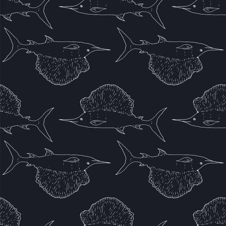 Vector Vector drawing of a Marlin-Swordfish. Seamless drawing of a sailboat of a marine fish Istiophorus platypterus isolated white outline on black for a design template. Sea sailfish, hand-drawn in the style of a sketch by Istiophore. Vector nature graphic backgroundのイラスト素材