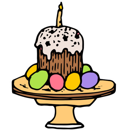 Easter symbol icon, a cake with a burning candle with colored eggs around. hand-drawn in the style...