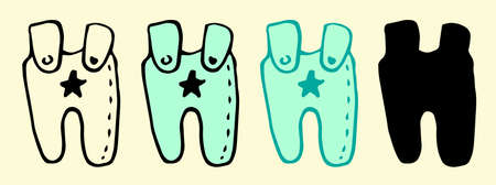set of turquoise baby pants with a star. a jumpsuit with straps with a seam texture, a black outline and a silhouette drawn by hand for a design template. clothes for babies. Vector element of babyのイラスト素材
