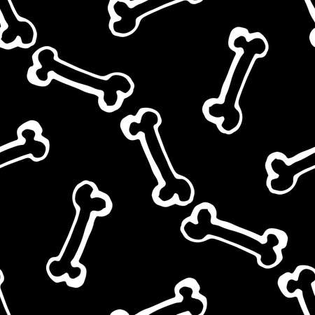Retro vector a pattern of bones. seamless pattern of hand-drawn doodles in the style of small bones, randomly arranged white outline on black for a design templateのイラスト素材