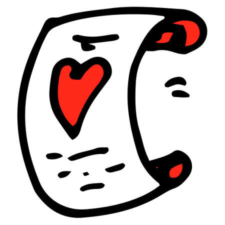 an unfolded scroll with a red heart. hand-drawn manuscript in doodle style, black isolated outline on white for Valentine's day design template. Hand drawn vector illustration in black ink isolated on white background. Great for coloring book.のイラスト素材