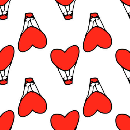 Vector drawing a pattern of a red balloon in the shape of a heart. A seamless pattern of a doodle-style, red romantic balloon is randomly placed on a white one for Valentine's Day. doodle red balloon pattern for fabric designのイラスト素材