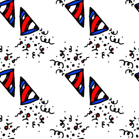 Vector triangular cracker pattern in the colors of the American flag. seamless pattern of hand-drawn doodles in the style of an isolated striped firecracker, with confetti of dots and spirals, with a pattern of white, red and blue stripesのイラスト素材