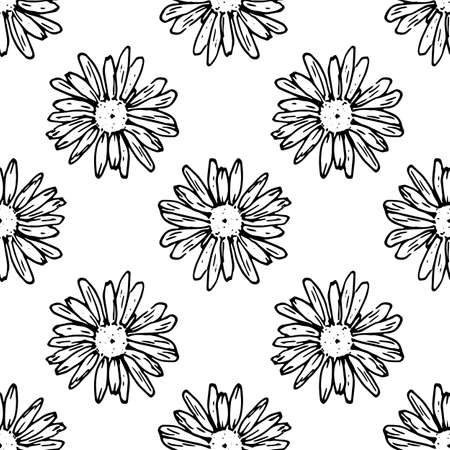 Vector a pattern of chamomile flowers. seamless pattern of Wild daisy flower sketch, isolated outline in black, top view on white for organic label and packaging design templateのイラスト素材