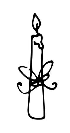 a long thin burning candle with a bow. Vintage Hand-drawn Gift Candle with Black Isolated Outline of Doodles on White for Vintage Design Templateのイラスト素材