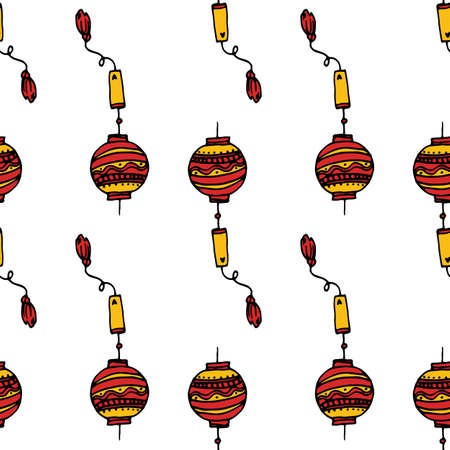 Vintage vector illustration A pattern of a round Chinese lantern in red and yellow colors. Seamless pattern of a simple Japanese street lamp painted in doodle style, red with yellow lines on white for a template.のイラスト素材