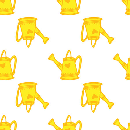 Vector pattern of yellow garden watering can. a fun seamless pattern of a yellow garden watering can drawn in doodle style with a heart in flat style often on white for a garden spring design template. agriculture farmのイラスト素材