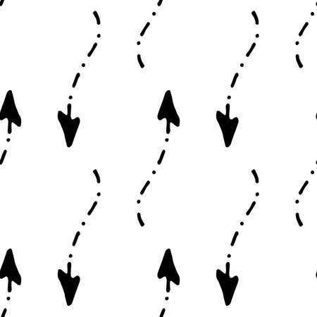 Vintage print An Arrow pattern of dots and strokes. vector seamless pattern of repeating arrows from a point and a triangle in black on a white background square format for a design templateのイラスト素材