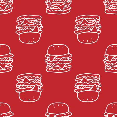 Vector a pattern of a large hamburger on red. seamless Burger pattern, drawn in doodle style white outline on red, menu design template. fast food icon hamburger with two cutlets and squares of cheese under a sesame bun for the menu design templateのイラスト素材