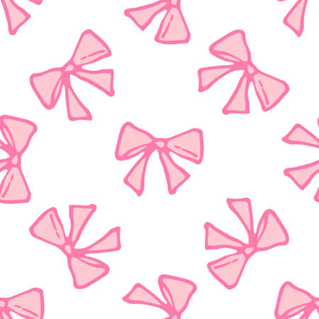 Vector Pattern of pink bow. seamless pattern of a simple bow in the style of doodles, a bow of pink ribbon in flat style, chaotically on white for a festive design templateのイラスト素材
