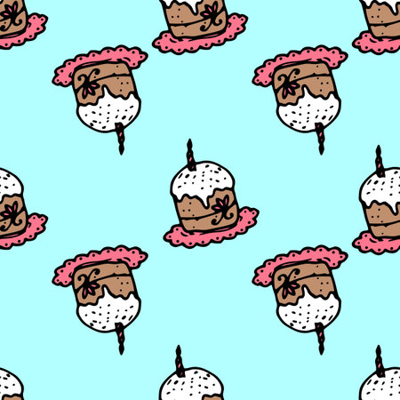 Vector colored Easter cake pattern with a candle on blue. seamless pattern of brown Easter cupcakes,...
