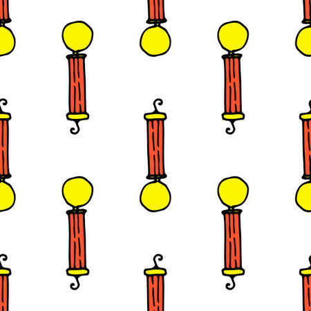 Vector drawing of a gold medal with a red long ribbon. seamless pattern of a hand-drawn golden round medal on a red ribbon for victory, with a black outline for the design template. The symbol of the first place in the flat style. symbol first placeのイラスト素材