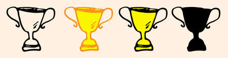 Vector a gold cup made in a flat style. A yellow doodle cup in the doodle style with a black outline and silhouette is a reward, side view. winner symbol on white for sports winner design template. Winner symbol.のイラスト素材