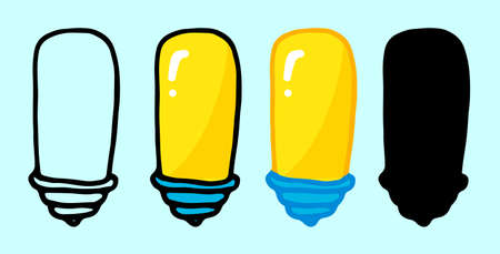 Simple vector A set of different options for a rectangular light bulb, drawn in a doodle style, isolated black outline and silhouette. Bright yellow light bulb pattern,long rectangular shapeのイラスト素材