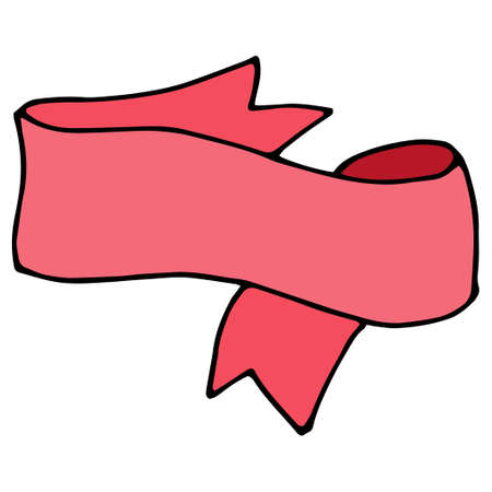 Vector the ribbon icon has a pink banner color. An isolated banner element made of vintage ribbon with curved triangular ends in different directions. with a pattern, pink and black outline with an empty space for text, label template, packagingのイラスト素材