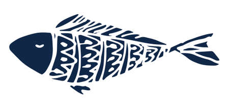 Vector blue fish icon. Hand-drawn fish in the style of a doodle, with a texture of dark blue zigzag stripes and dots, a blue isolated contour for a children's design templateのイラスト素材