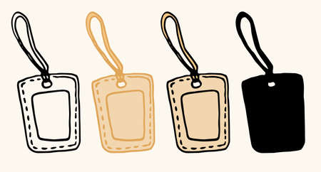 Vector vintage tag for gift. hand-drawn in doodle style, black outline and silhouette, and brown color elements of rectangular tags with a string on a white background of the loy design template. Doodle gift labels rectangular in vintage style on white background.のイラスト素材