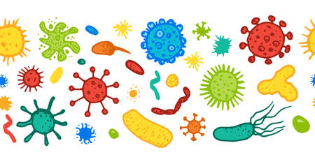 medical illustration. Vector drawing seamless pattern of multicolored microbes and bacteria. a long seamless strip in a flat style.banner pattern in the style of hand-drawn doodles, a double bacterium of bright yellow, blue and green colors often on white for a design template.のイラスト素材