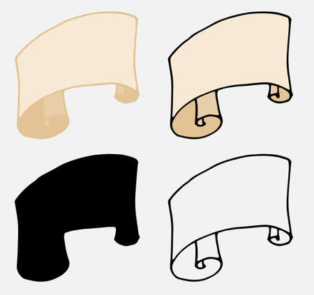 Vector drawing A set of yellow-brown scroll icons. A collection of scrolls in the style of doodles with a ribbon isolated by a black outline and a silhouette in the light, with space for text for a label template. vintageのイラスト素材