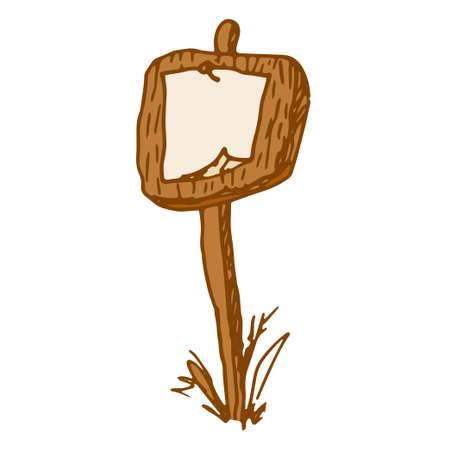Wooden park brown sign in the grass. Isolated doodle-style sign with an announcement on a stand post in the grass, brown color on white vintage design.Vector wooden vintage signのイラスト素材