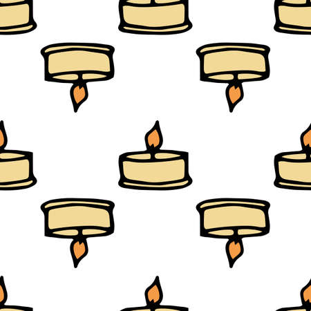 A burning candle. Vector a pattern of a yellow burning candle. Vector seamless pattern of a small flat candle, hand-drawn in a doodle style with an isolated black line on a white background for a design template. the icon of the scented candle in the candlestickのイラスト素材