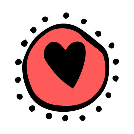 A red heart pattern inside a circle with dots. a black heart icon inside a red circle with dots. a hand-drawn black heart inside a red circle with dots around it, with an outline on white in the style of a doodle for a design template. a symbol of love at weddings, on Valentine's Day. cartoon style. heart line drawing.のイラスト素材