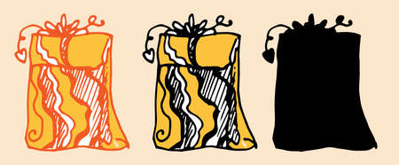 Vintage sketch ribbon with black doodle set gifton. Vector a gift box in a yellow package with a pattern of wavy lines with a rope bow on top. the set is silhouetted in black. gift bag paper color and bow in doodle style for design templateのイラスト素材