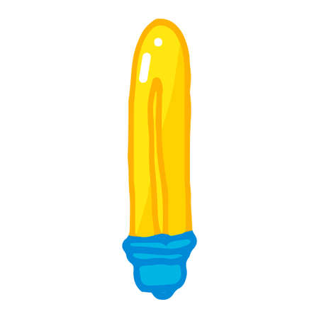 Simple vector icon of a long yellow rounded light bulb. rectangular light bulb painted in the style of doodles, isolated Bright yellow light bulb, long rectangular shape with a long incandescent strip with a blue baseのイラスト素材
