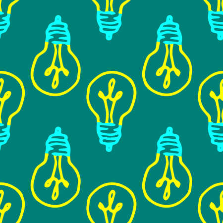 vector yellow light bulb icon. AA pattern of a yellow light bulb on a green one. A hand-drawn isolated outline of a cartoon-style lamp, often on a dark green background as a design template. Symbol of the idea and thinkingのイラスト素材