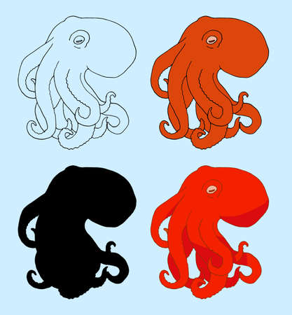 Vector octopus sketch. the octopus sketch is red. a set of sea animal octopus, hand-drawn in sketch style, isolated in black outline and silhouette on white for a menu design template, packaging, labels. a hand-drawn sketch of a sea creature in the cartoon style of a live octopusのイラスト素材