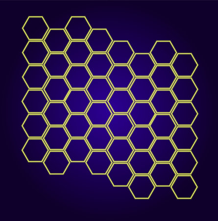 neon yellow honeycomb. isolated many hexagons geometric pattern glowing in the dark of yellow lines...