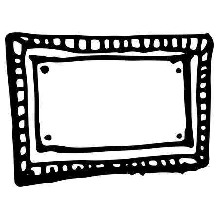 Vintage line art black on white backdrop. drawing of a rectangular frame with short strokes along the edge. isolated element with empty space for text inside a black line on white. Simple Icon Vectorのイラスト素材