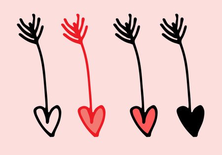 Vector set of red heart arrow head. drawn in the udl style variants of an arrow with a heart drawn in the style of doodles, a black outline and a statuette on white for a design template for Valentine's Dayのイラスト素材