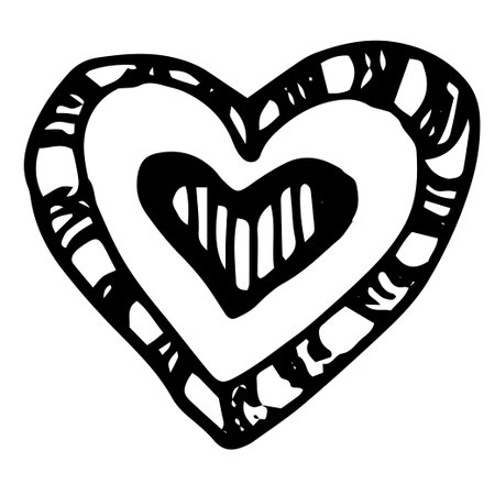 a black double heart with a pattern of stripes. hand-drawn doodle-style double frame hearts with a pattern of vertical and curved contours in black on white for the design template of invitations, postcards, textiles and packaging Cartoon styleのイラスト素材