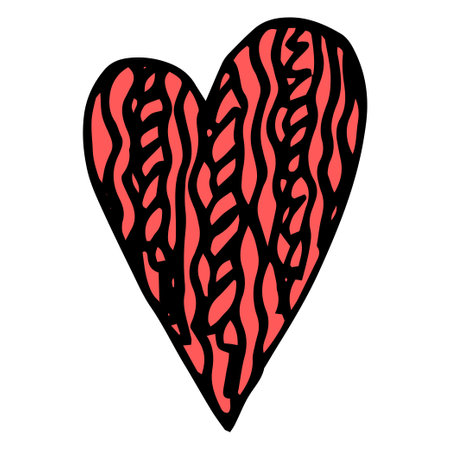 Heart icon vector a red heart icon with a pattern of vertical strokes. drawn in the style of a doodle heart black outline knitted texture ,wavy lines on red for a template for lovers and weddingsのイラスト素材