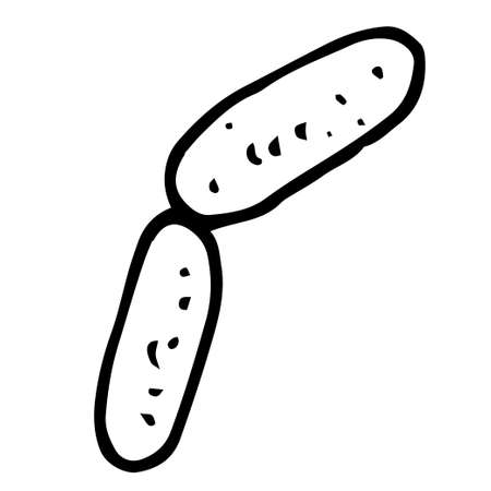 a black microbe icon in a double long shape with dots, in the style of hand-drawn doodles, double oval connected bacteria with an isolated black outline and the texture of dots highlighted on white for a design template. medical illustration. vector drawing.のイラスト素材