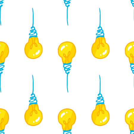 vector A pattern of a yellow light bulb. a seamless pattern, hand-drawn in cartoon style, made of a bright yellow round-shaped light bulb with a blue spiral base and wire, is often placed on white for a design template. Symbol of an idea and thinkingのイラスト素材
