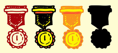 Gold medal on a badge with a red ribbon. icon of the Order of the golden. the badge of the golden order. a set of yellow gold medal with a border on the ribbon, an isolated black outline and a silhouette in the style of doodles with the number one on white for a sports event design template, for a winner design templateのイラスト素材