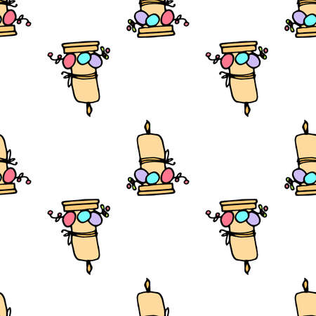 a pattern of candles with colorful eggs for Easter. a seamless pattern of a yellow burning candle painted in doodle style with pink, blue and lilac colored eggs often on white for a festive Easter template Doodle vector illustrationのイラスト素材