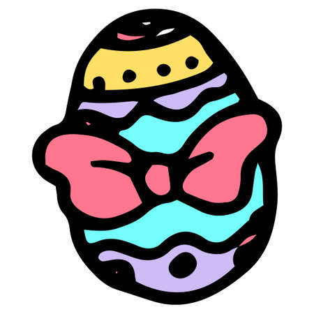 Vector Cartoon easter egg icon with bow color. the drawing of a hand-drawn egg with a pattern of multicolored stripes is turquoise, pink with a black outline in the style of a doodle with a pink ribbon bow on white for a templateのイラスト素材