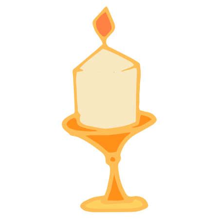Vector the icon of a burning wax candle on a candlestick. a drawing of an orange small burning candle with drops of molten wax, hand-drawn in the style of doodles with an orange candlestick and light wax on white for a design template.のイラスト素材