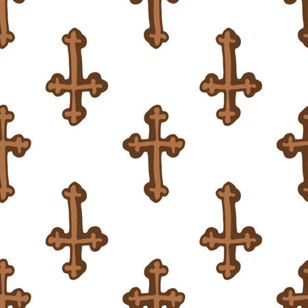 Vector wooden icon. cross brown savior pattern. seamless pattern of the Christian cross of faith with black outline and brown wood on white in different directions for Easter religious templateのイラスト素材