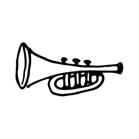 a musical trumpet. A musical trumpet icon. Pipe of a hand-drawn musical instrument side view in the style of doodles, isolated black outline on white for a design template. retro style.のイラスト素材