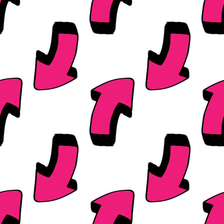 Vintage pink three-dimensional curved arrow. a pattern of pink three-dimensional arrows. seamless pattern of frequently placed randomly placed curved arrows drawn in the style of pink doodles with a black outline for a design template Vector isolatedのイラスト素材