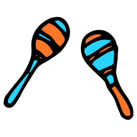 the icon of orange-blue maracas. a drawing of two striped, orange-blue maracas, drawn in the style of doodles, often isolated in white for a template. musical instrument for fiestaのイラスト素材
