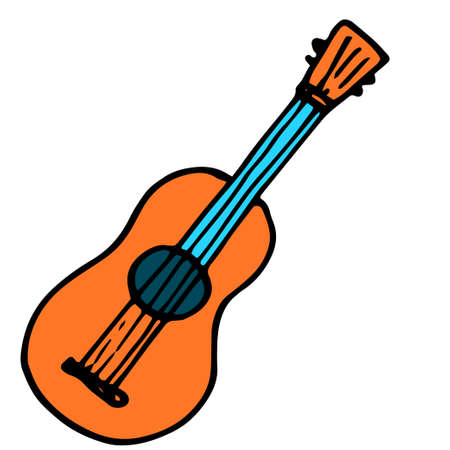 Vector guitar in orange and blue colors in flat style. a hand-drawn guitar in orange color with blue fingerboard in a flat pattern style. a hand-drawn GUITAR, an icon of a bright musical instrument in the style of a doodle, a black outline for a label design template, packaging. Cartoon icon on white backdrop. Doodle sketch style. Isolated white.のイラスト素材