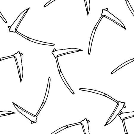 a pattern of an icon with a scythe. A seamless pattern from the old "scythe" tool, drawn in the "doodle" style, an isolated black outline is often and randomly placed on white for a design template. garden tool. Doodle iconのイラスト素材